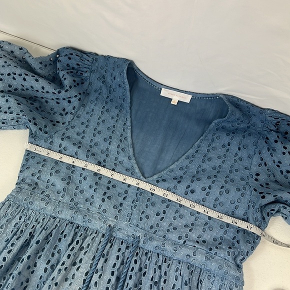 Super Natural Sz L Tiered Eyelet Dress V Neck Blue Ombre V Neck Puff Sleeves - Picture 8 of 13